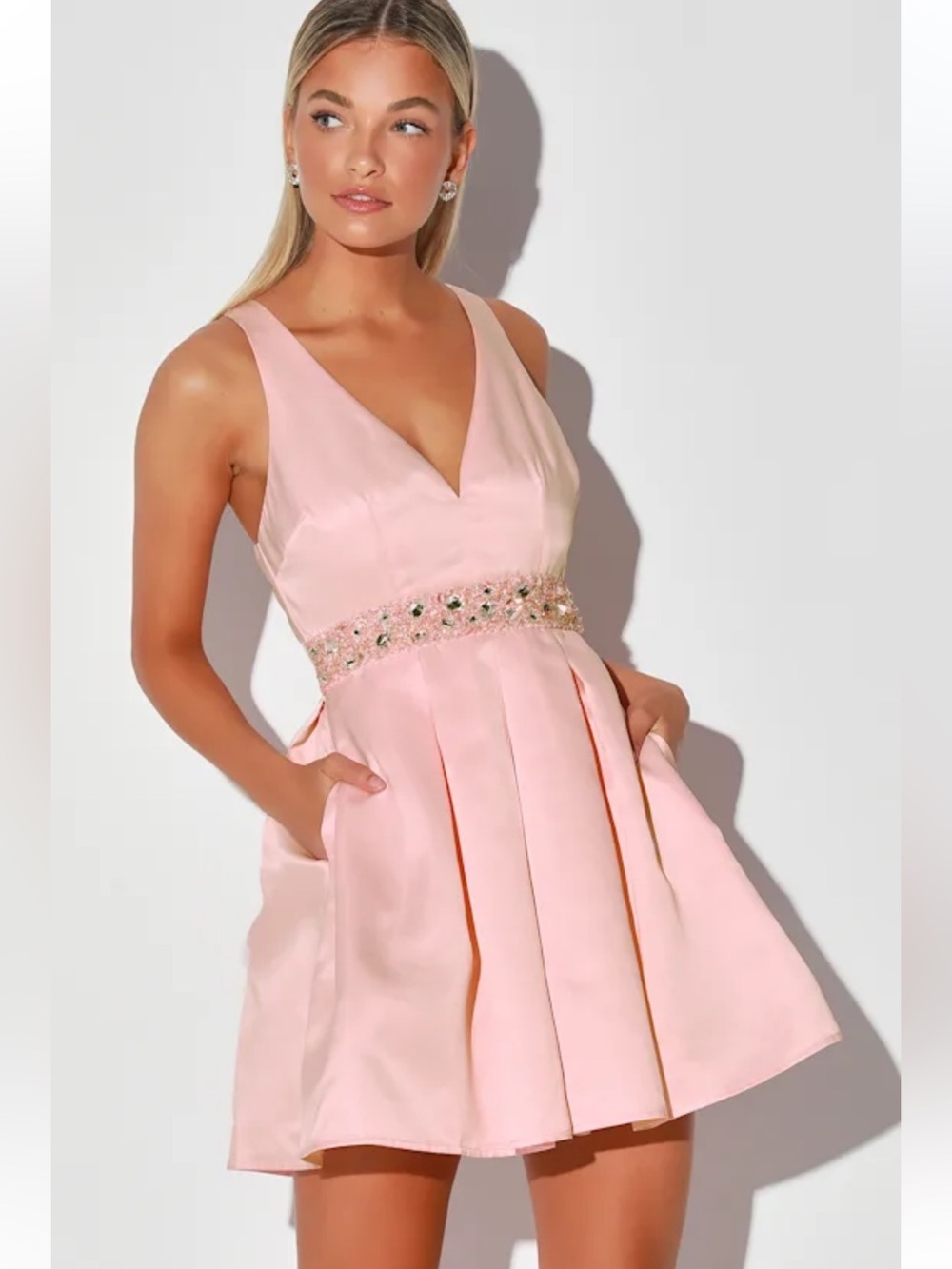 Lulu's Pink skater style,crystal embellished Waist,cocktail dress,with pockets